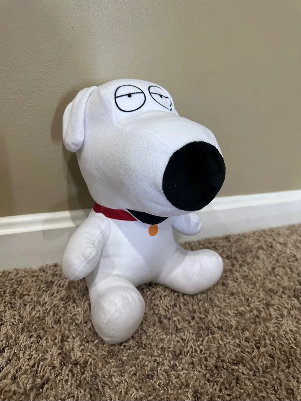 NEW White Plush Dog Toy with Black Nose and Red Collar
